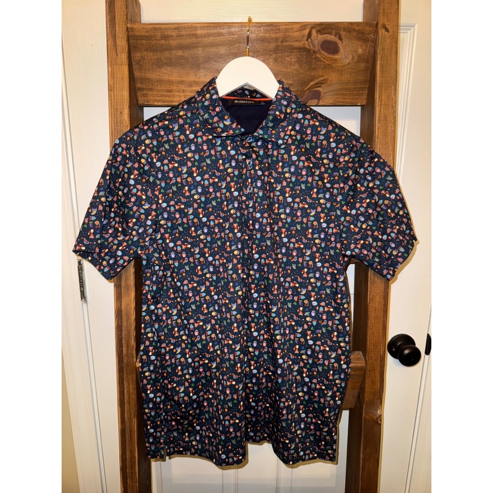BUGATCHI Mens Short Sleeve Button Down Shirt Owl Print Dark‎ Blue Size S